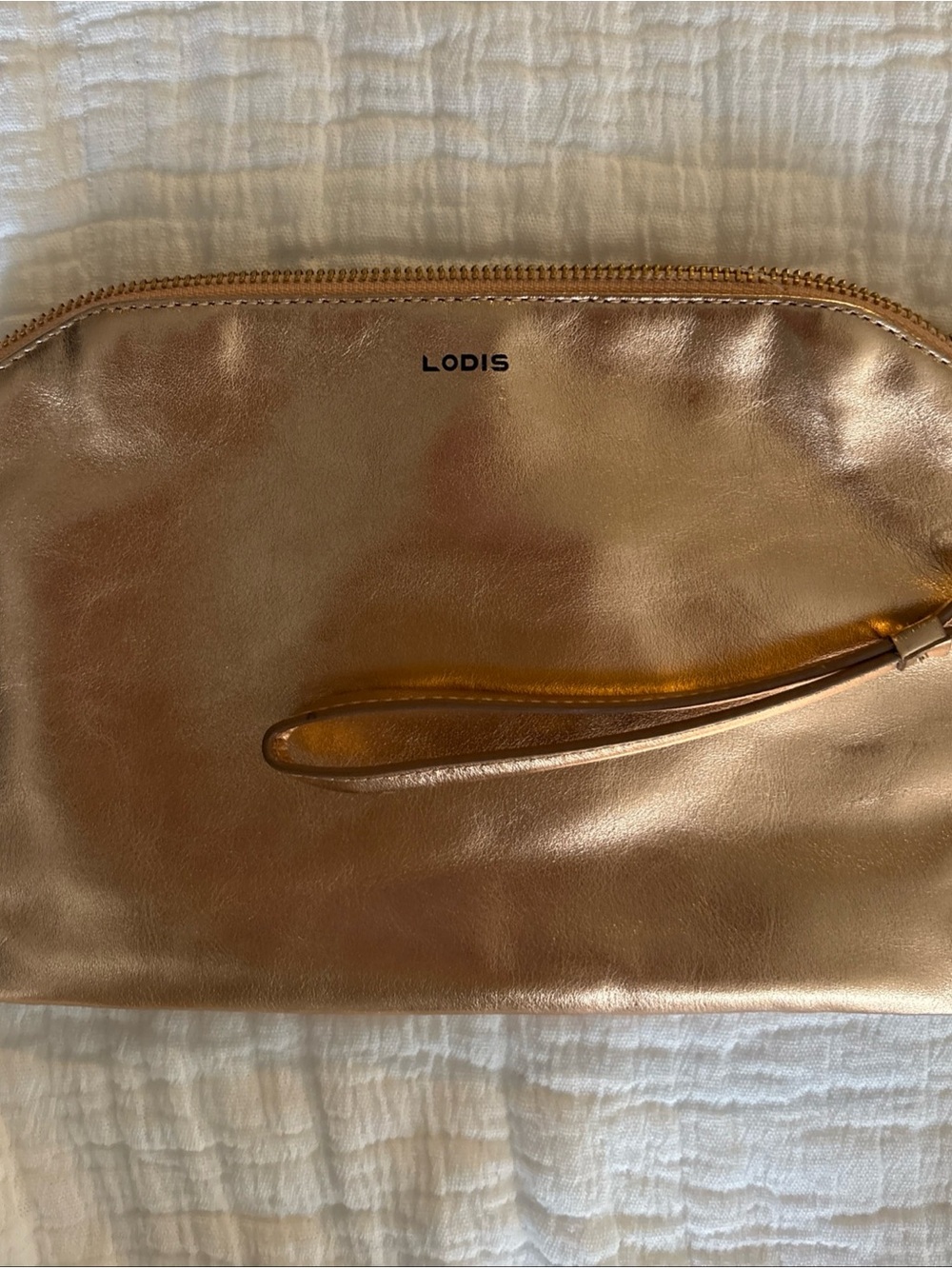 Lodis Metallic 💯 Leather Rose Gold Women’s Zip Cosmetic bag Pouchette Wallet